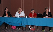 Telling their fastener stories at a Women in the Fastener Industry meeting in conjunction with FastenerTech 2011 were (left-to-right): Kimberly Kaindl, director of marketing for Aztech Locknut; Ruth Dowling, general manager of Jinding Fasteners USA; Julee Kerivan-Mortensen, Fasteners By Design; and Becky Moujouros, president and owner of American Fasteners & Components.  (Photo courtesy Tracie Lumina, Distributors Link magazine.)