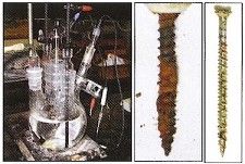 L to R — Electrochemical test cell, polymer coated fastener exposed to wood extracts, electroplated fastener after exposure in solid wood (courtesy USDA Forestry Service)