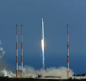 South Korea's Naro-1 rocket in June at the Naro Space Center in Goheung, South Jeolla, two minutes before it exploded.