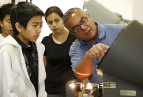 Gary Jimenez of Monogram Aerospace Fasteners explains mechanical fastener inspection to El Camino students